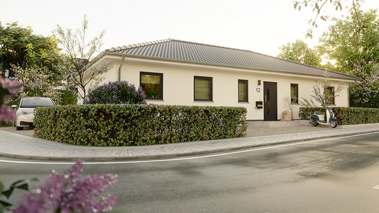 Der Bungalow 131 vereint elegante Architektur und funktionales Wohnen. In der Variante mit Eingang an der kurzen Seite unterstreichen großzügige Räume wie der Wohnbereich am Hausende, ein Schlafzimmer mit Ankleide und ein markanter Flur im 'Catwalk'-Stil das moderne Konzept.